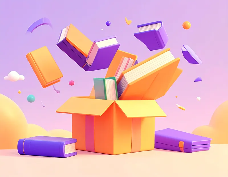 Books flying out of a box in bright purple and orange