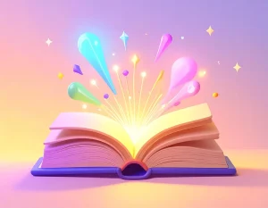 Firefly_A book opening with colourful sparks flying out of it