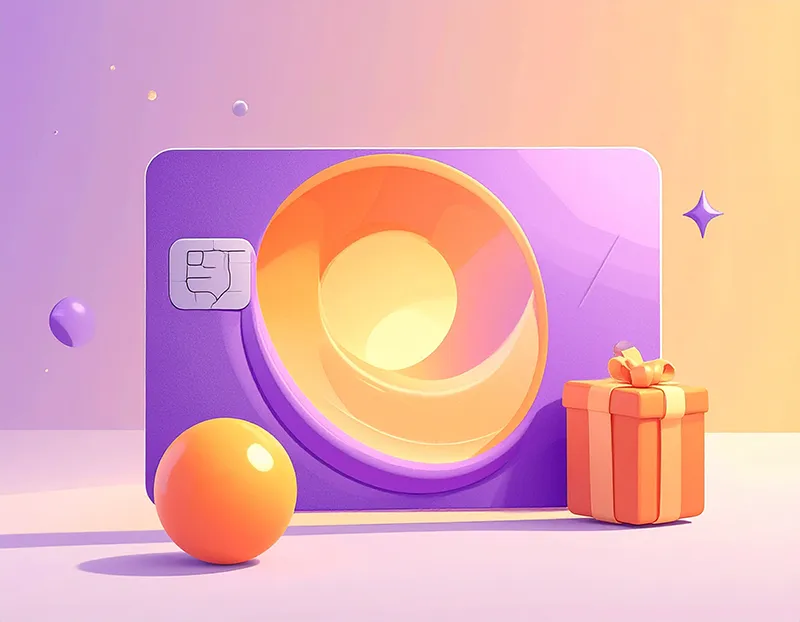 An e giftcard with bright purple and orange colours on it and an organic circle shape