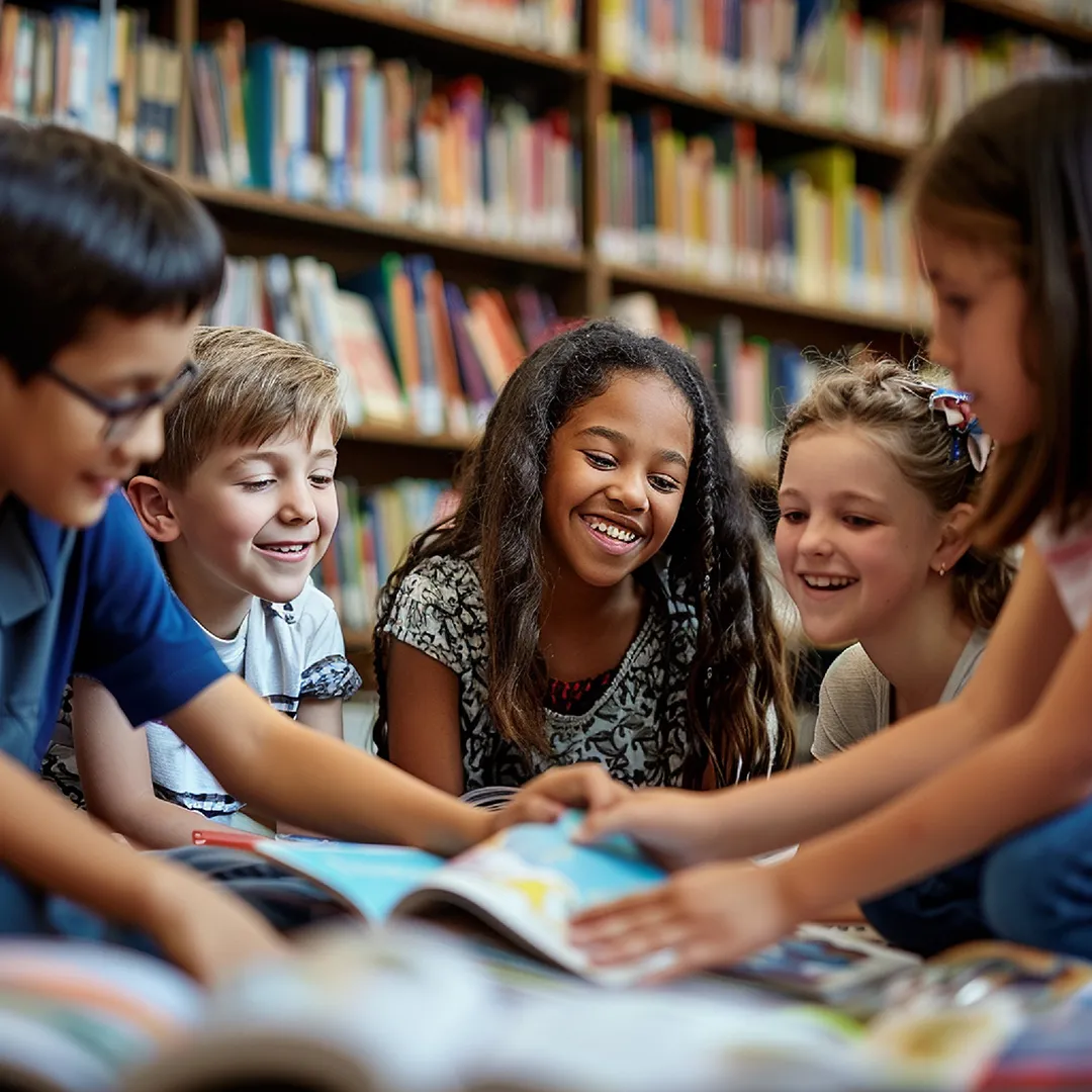 group-students-enjoying-books-in-library Group of pupils enjoying books in the library